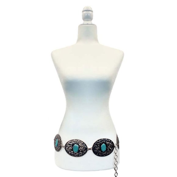 Turquoise Natural Stone Antique Metal Squash Blossom Boho Westen Style L… - Picture 2 of 2